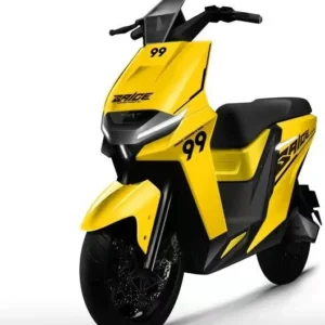 Saige A100 Delivery em 3/4 Scooter elétrica Saige A100 Delivery amarela, vista em três quartos