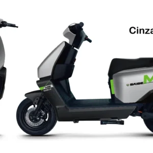 Saige M6 Scooter elétrica Saige M6 cinza e preta, de perfil e de frente